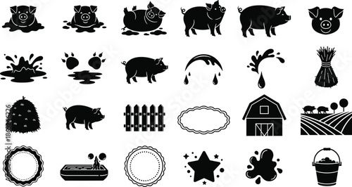 Black silhouette icons of pigs farm animals and countryside elements