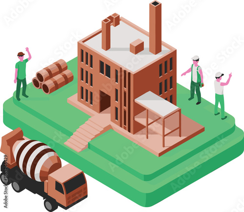 Isometric construction site illustration with workers, concrete mixer truck, building structure, civil engineering concept, industrial development, modern architecture design