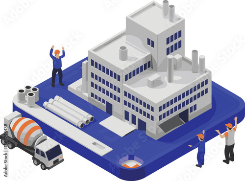 Isometric construction site illustration with workers, concrete mixer truck, building structure, civil engineering concept, industrial development, modern architecture design