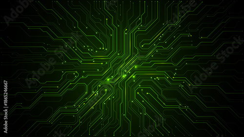 Abstract green technology backdrop featuring detailed circuit patterns, semiconductor traces, and futuristic digital elements for innovative tech presentations. Digital vector illustration
