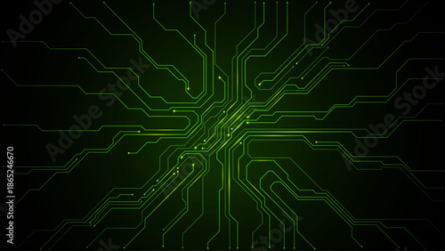 Futuristic PCB design with glowing pathways and electronic matrix elements, ideal for cybersecurity, AI concepts, and modern digital innovation visuals. Digital vector illustration