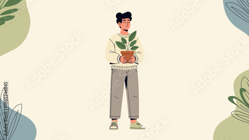 Man Holding Potted Plant, Modern Illustration, Greenery and Home Decor