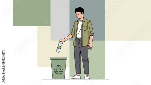 Man Disposing Plastic Bottle in Recycling Bin - Eco-friendly Lifestyle Illustration