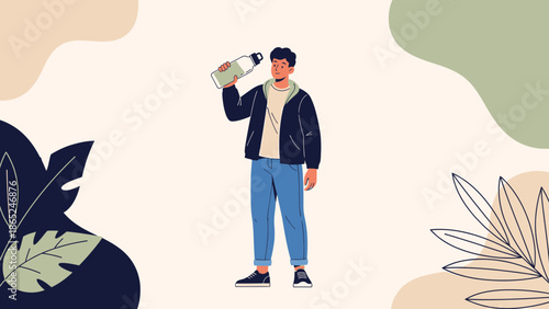 Man drinking water from bottle, healthy lifestyle, abstract shapes and leaves background