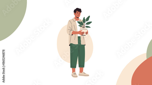 Man holding potted plant, modern illustration, lifestyle, home decor, organic elements