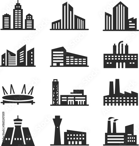 City buildings, factory icons, skyscrapers, industrial facilities, airport control towers, vector illustration of urban architecture, black silhouette infrastructure symbols
