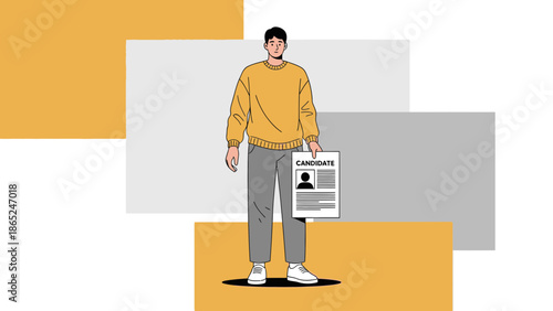 Man holding candidate resume, job application, recruitment concept, illustration