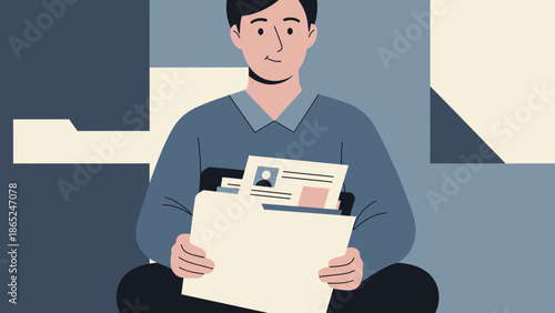 Man Holding Folder with Documents, Resume Paper, Business Concept Illustration