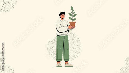 Man Holding Potted Plant, Growth Concept, Minimalist Illustration, Healthy Lifestyle