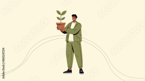 Man Holding Potted Plant, Growth, Sustainability, New Beginnings, Organic Concept