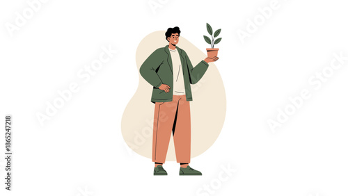 Man holding potted plant, growth, new beginnings, sustainability concept illustration