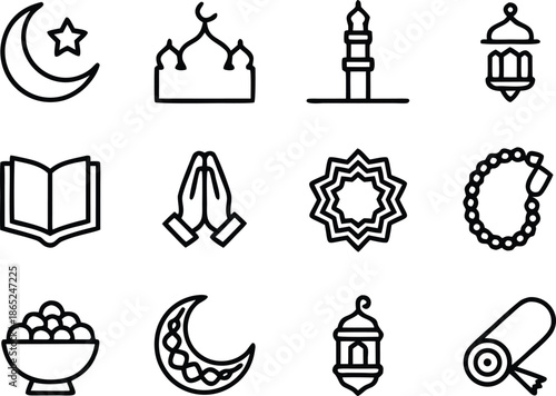 Islamic line icons set featuring mosque crescent moon lantern prayer hands and holy book icons collection