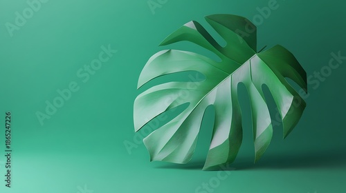 Monstera leaf on green background