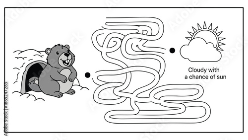 Groundhog coming out of burrow on cloudy day with sun