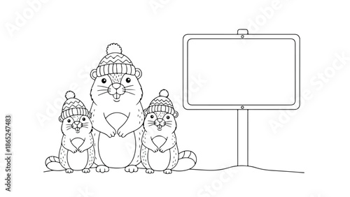 three otters wearing hats next to sign