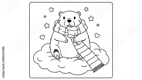 polar bear sitting on cloud with scarf and stars