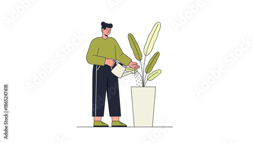 Person watering a potted houseplant, flat design illustration