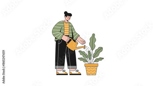 Person watering a potted plant with a watering can, illustration