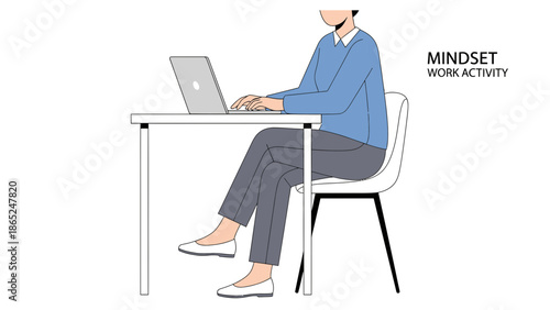 Person working on laptop, seated at desk, focused on task, business activity, minimalist illustration