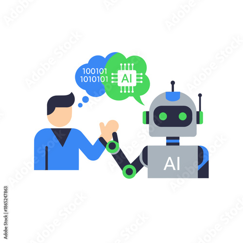 Man and robot collaborating on AI technology project together