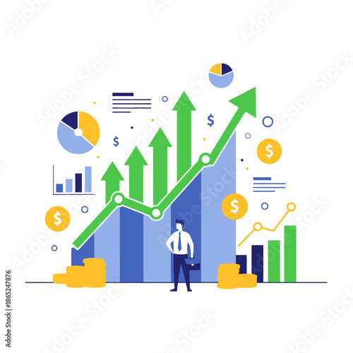 Businessman standing confidently in front of growing financial charts and graphs with increasing profits