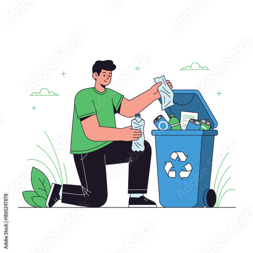 Man recycling plastic bottles in blue recycling bin outdoors