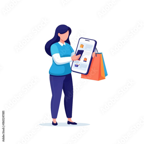 Woman shopping online with smartphone and colorful bags