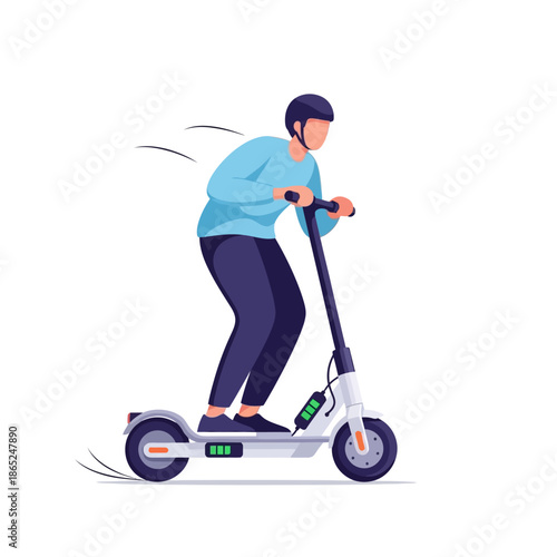 Young adult riding electric scooter with helmet on