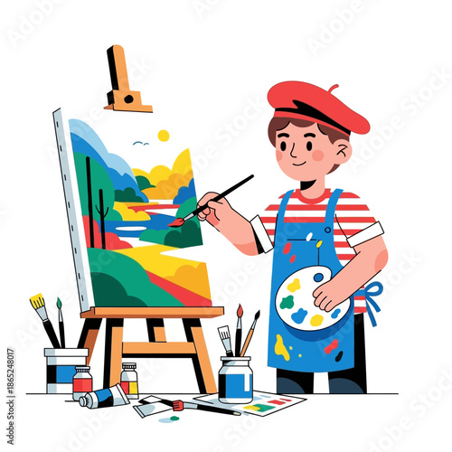 Young artist painting vibrant landscape on canvas with colorful brushes