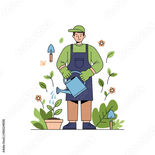 Gardener watering plants with care and attention to detail