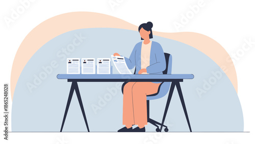 Recruitment Process: Woman Reviewing Resumes at Desk, Hiring, HR, Job Application