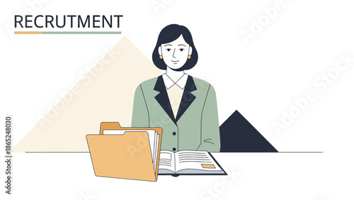 Recruitment concept illustration with female recruiter, folders and open book.