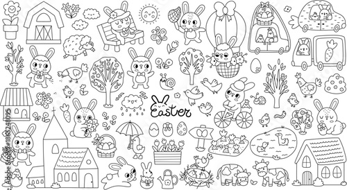 Vector Easter black and white clipart set. Cute line farm icons collection with bunny, chicks, church, colored eggs, basket, house. Festive illustrations for kids. Spring holiday coloring page
