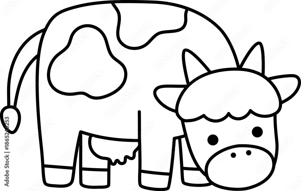 Fototapeta premium Vector cow line icon. Cute farm animal eating grass isolated on white background. Adorable black and white illustration or coloring page for kids. Funny spring or Easter village character