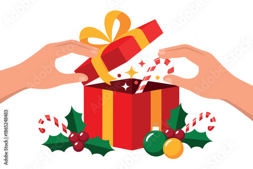Hands opening a red gift box with candy canes and Christmas ornaments spilling out.