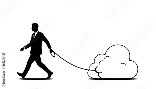 Surreal Silliness: Business Person Walking Cloud on Leash Silhouette - Whimsical Office Humor Vector