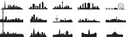 City skyline silhouettes, urban cityscape, famous landmarks, modern architecture, downtown buildings, metropolitan design, travel destination icons, black vector illustration