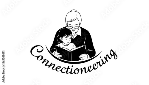 Intergenerational Connection: Senior and Child Reading Together Silhouette - Connectioneering Vector