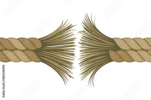 A thick rope is fraying and breaking apart on a white background.