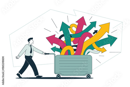 A man pushing a cart filled with colorful arrows in different directions
