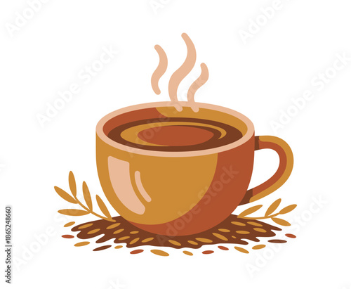 A steaming cup of coffee sits on a pile of coffee beans.