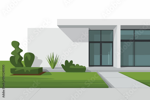 A modern house with manicured bushes and a green lawn outside.