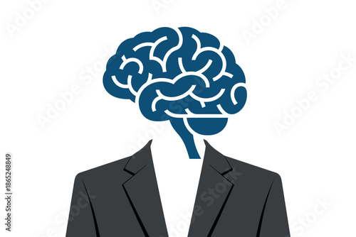 A dark blue stylized human brain sits atop a dark suit, representing intellect and professionalism.