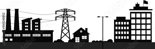 Cityscape with power lines, industrial factory, residential house, office buildings, urban infrastructure, electricity transmission, energy supply, silhouette vector illustration