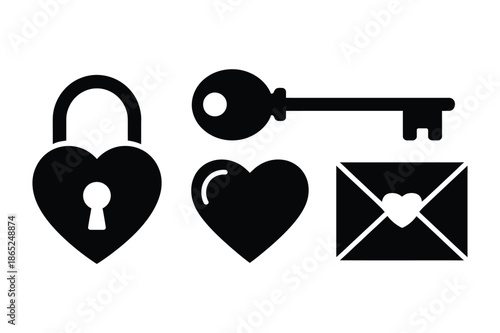 Romantic Love Icons Featuring Heart Padlock Key and Envelope