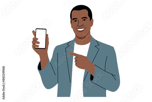 A man points to a smartphone screen while smiling at the viewer.