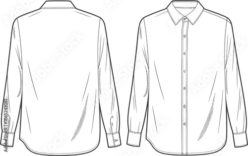 Classic button down shirt, long sleeve shirt vector, front and back sketch, fashion cad template, cad drawing flat vector illustration