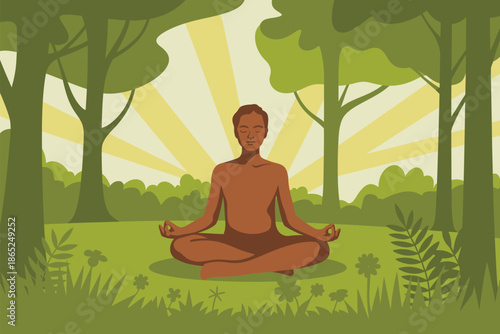 A person meditates peacefully in a sun-dappled forest clearing.