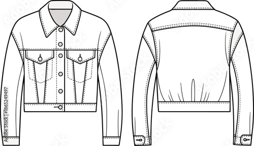 Classic denim jacket flat sketch, front and back view, buttoned front design, fashion CAD drawing, technical vector template, outerwear coat