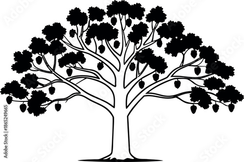 Stylized black silhouette of a fruit-bearing tree with a full canopy of leaves and hanging produce isolated on white background